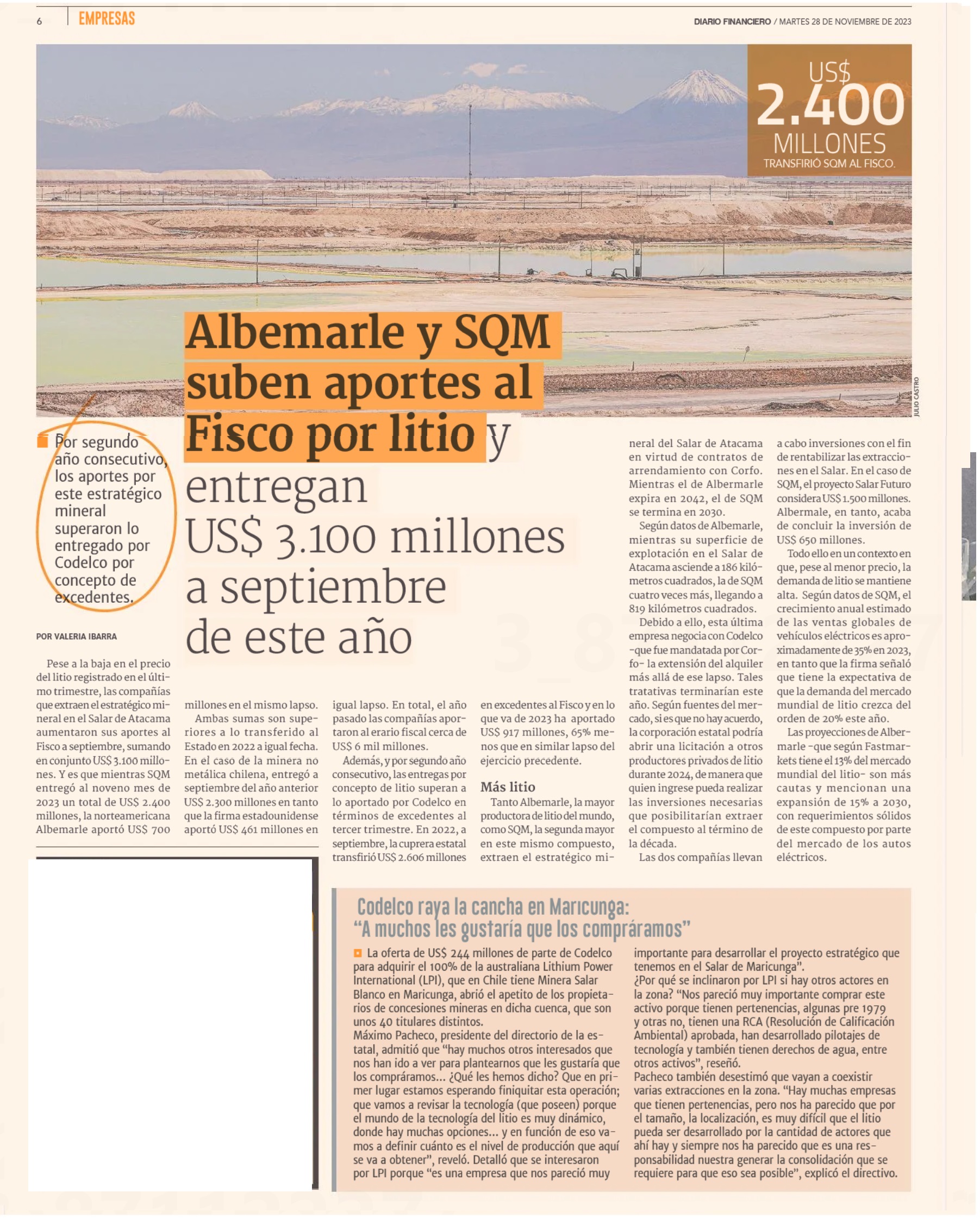 Albemarle Y Sqm Suben Aportes Al Fisco Por Litio Y Entregan Us